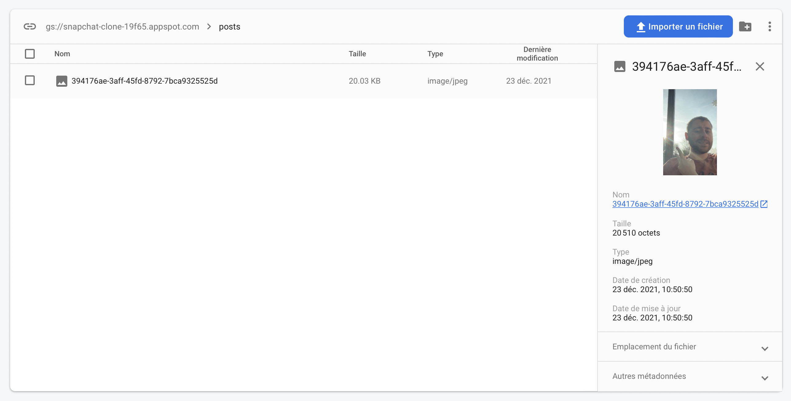 interface firebase avec un tableau, une entré dans ce tableau correspond à l&#39;image uploadé, il y à un panel sur le coté droit qui permet d&#39;obtenir les infos détaillé et le visuel de la photo