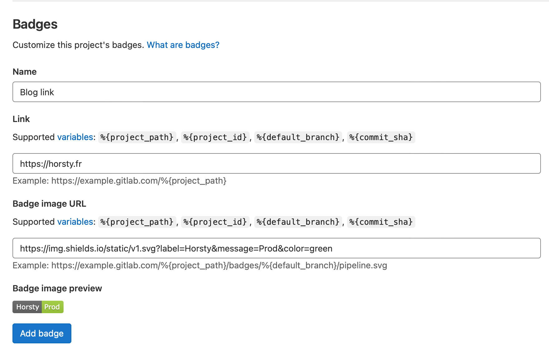 Interface de gitlab dans la section badges montrant les 3 champs à remplir