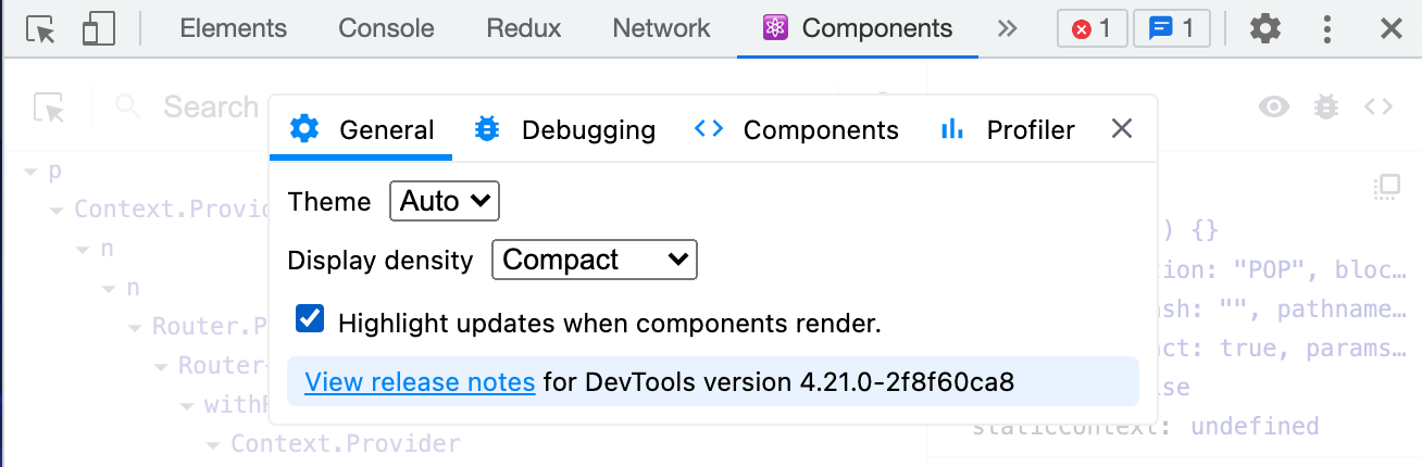 Devtools chrome ouvert dans l&#39;onglet &quot;components&quot; dans général présence de la checkbox highliht updates when components render