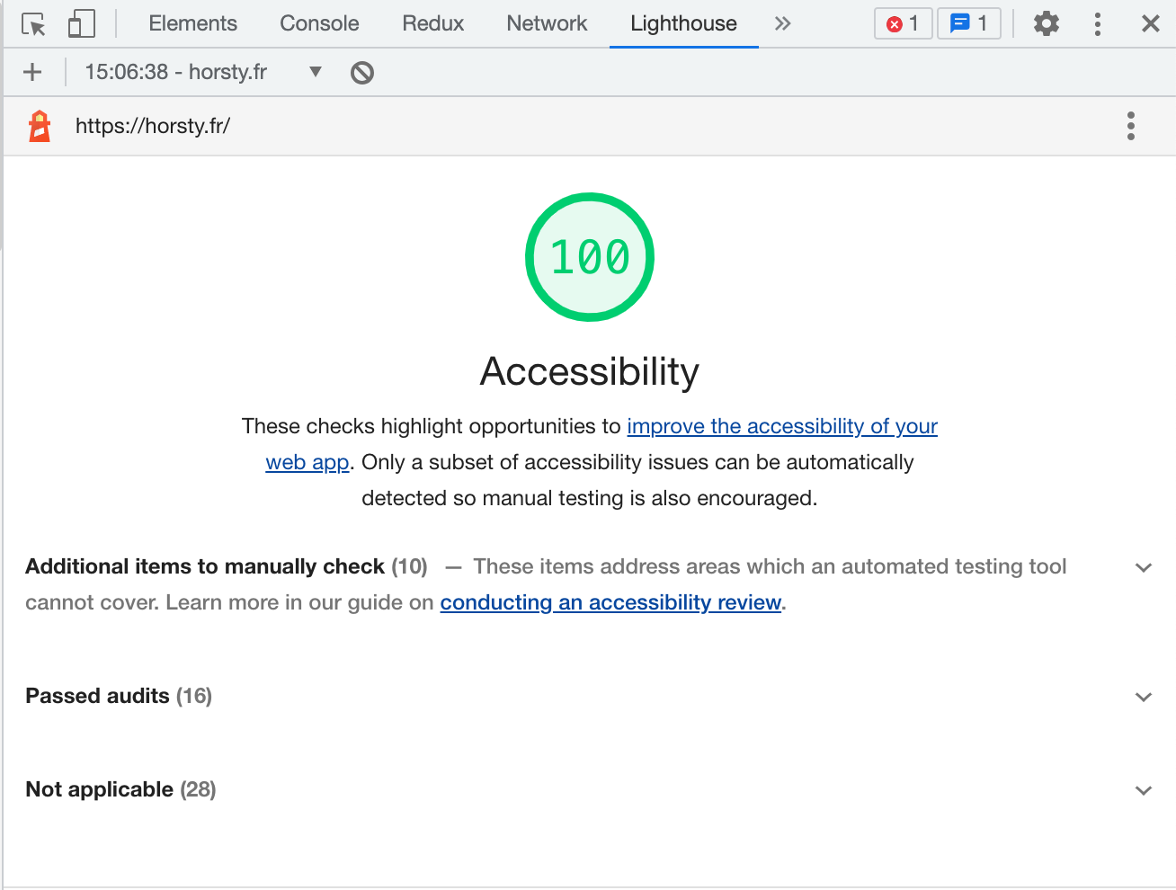 fiche de resultat de l&#39;audit accessibilité avec un score de 100