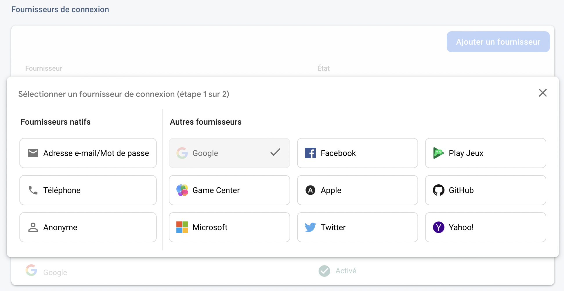 liste des fournisseurs de connexion disponible comme google qui est selectionné ou facebook, twitter etc.